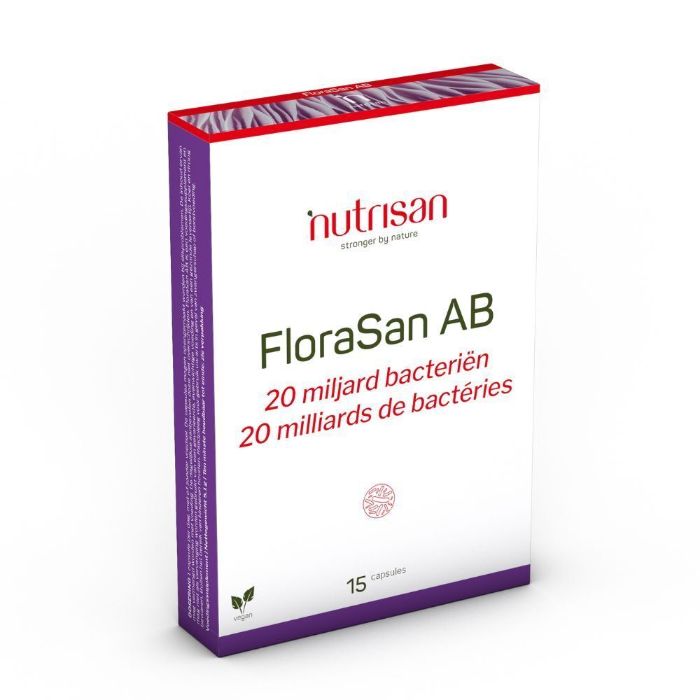 Boîte de FloraSan AB. Carton blanc avec accents violets. Contient 15 gélules. Logo végan.