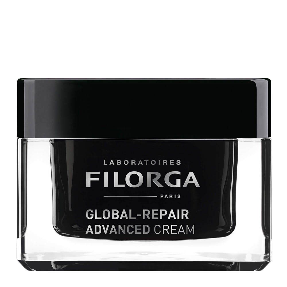 Filorga Global-Repair Advanced Cream. Pot noir avec crème. Contenant en verre.