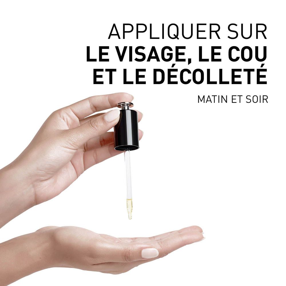 Mains tenant pipette avec liquide. Texte: Appliquer sur le visage, le cou et le décolleté.