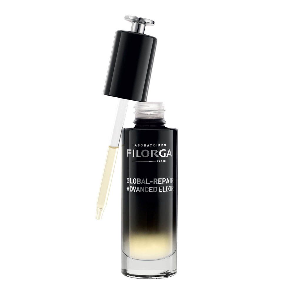 Flacon Filorga Global-Repair Advanced Elixir avec pipette. Flacon ouvert.
