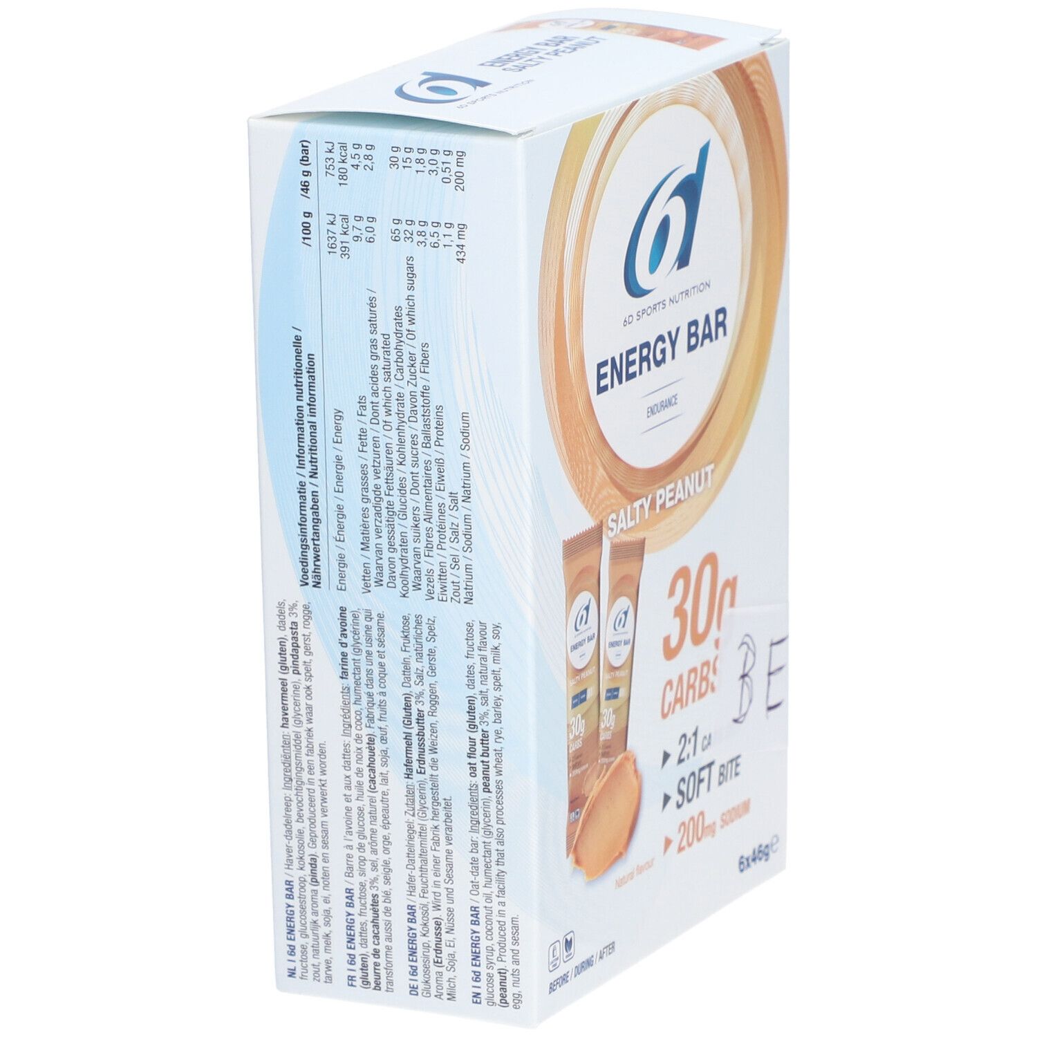 Boîte de 6 barres énergétiques. Inscription : 6D Sports Nutrition, Energy Bar, Salty Peanut, 30g glucides. Informations nutritionnelles et ingrédients.