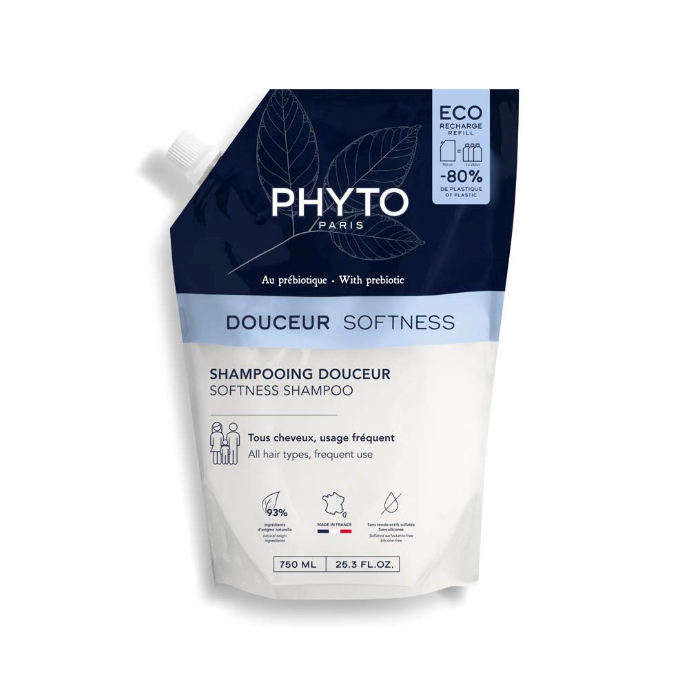 Recharge de shampooing Phyto Paris Douceur. Sachet blanc avec logo bleu et nom du produit. Contient 750 ml.