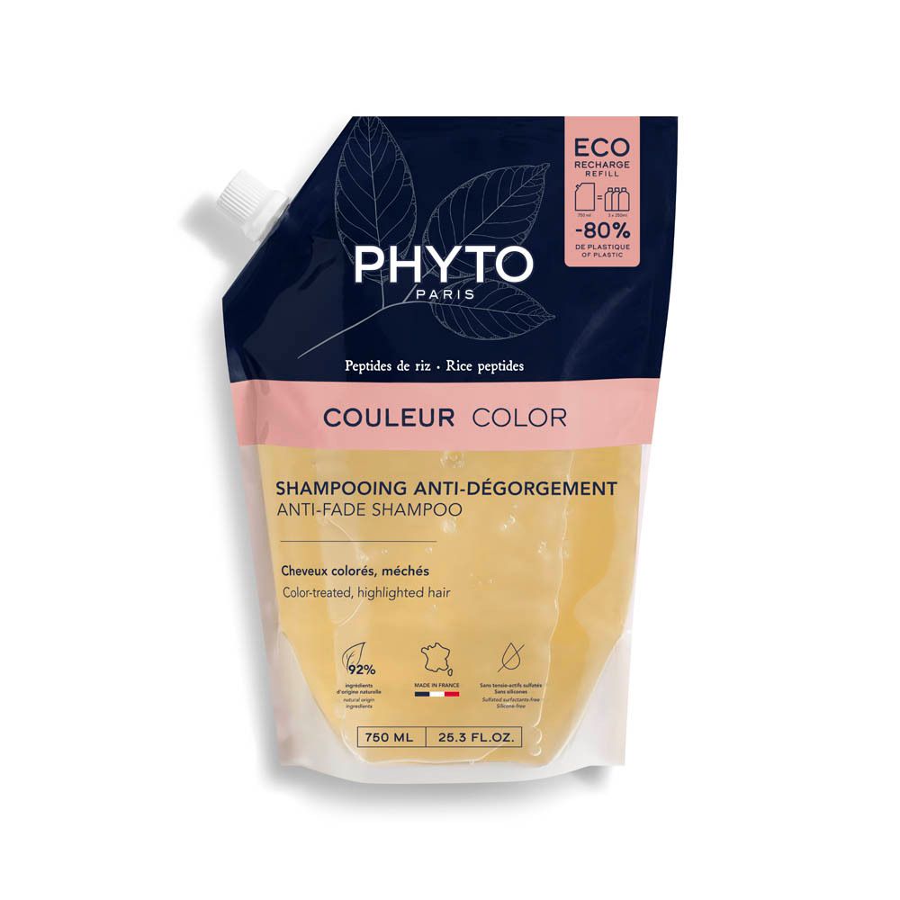 Recharge de shampooing. Emballage bleu foncé et rose avec bouchon blanc. Texte: PHYT0 PARIS, COULEUR COLOR, Anti-Dégorgement.