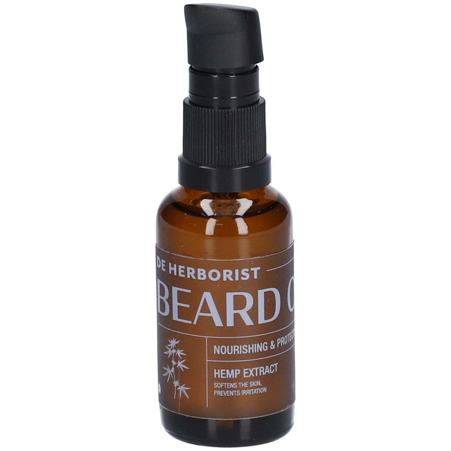 Flacon en verre brun avec pompe noire. Inscription: BEARD OIL, Hemp Extract. Avec motif bambou.