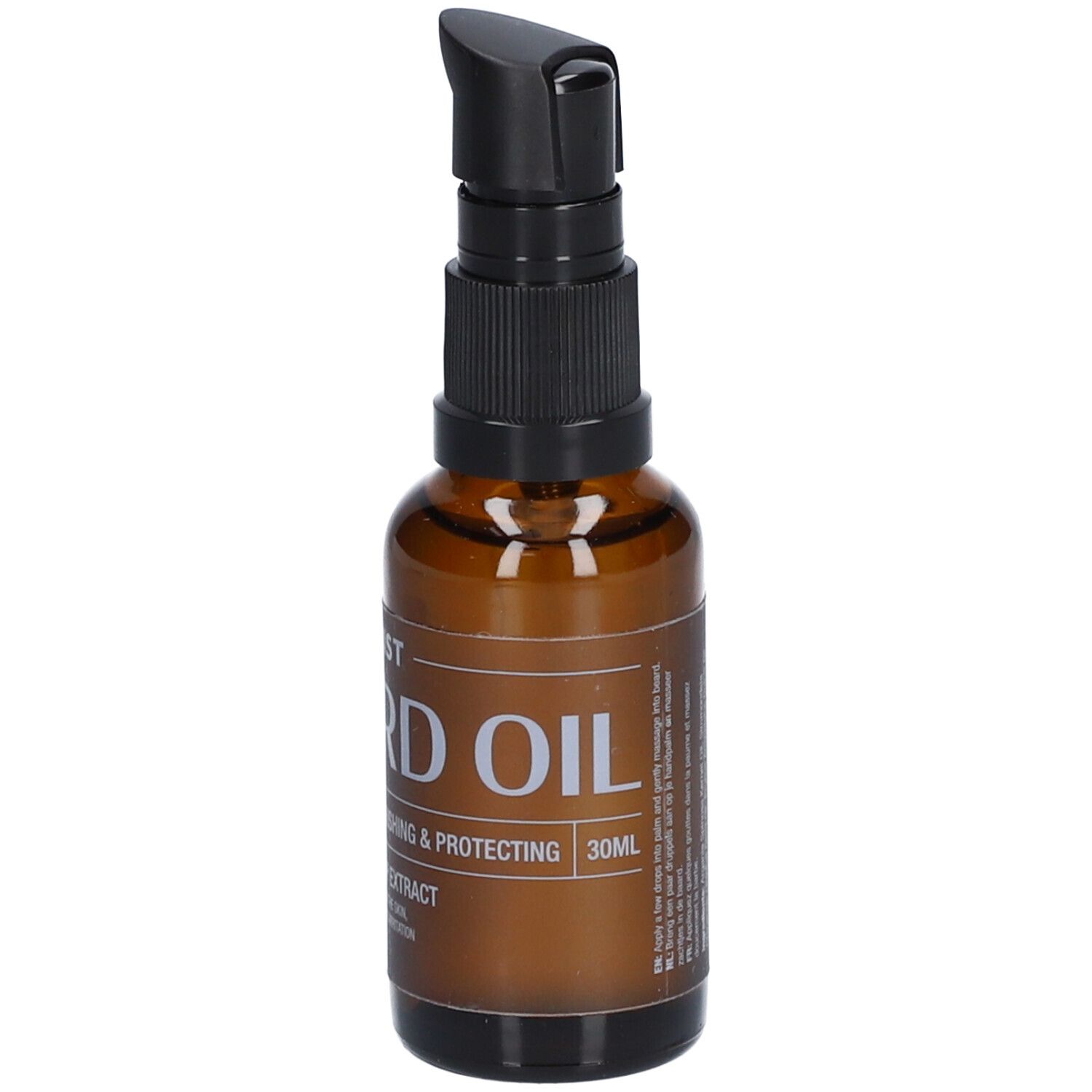 Flacon en verre brun avec pompe noire. Inscription: BEARD OIL, 30ml. Avec liste des ingrédients.
