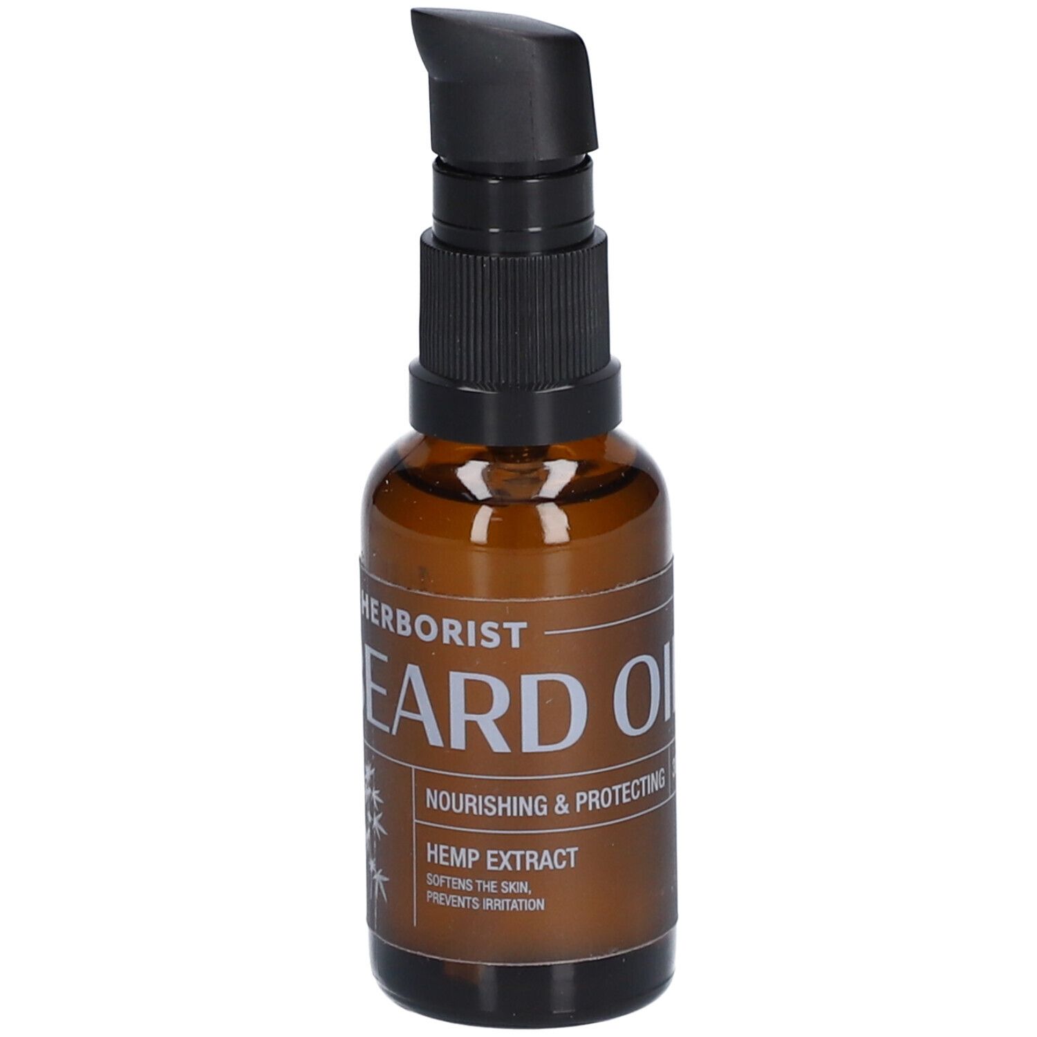 Flacon en verre brun avec pompe noire. Inscription: BEARD OIL, Hemp Extract. Avec motif bambou.