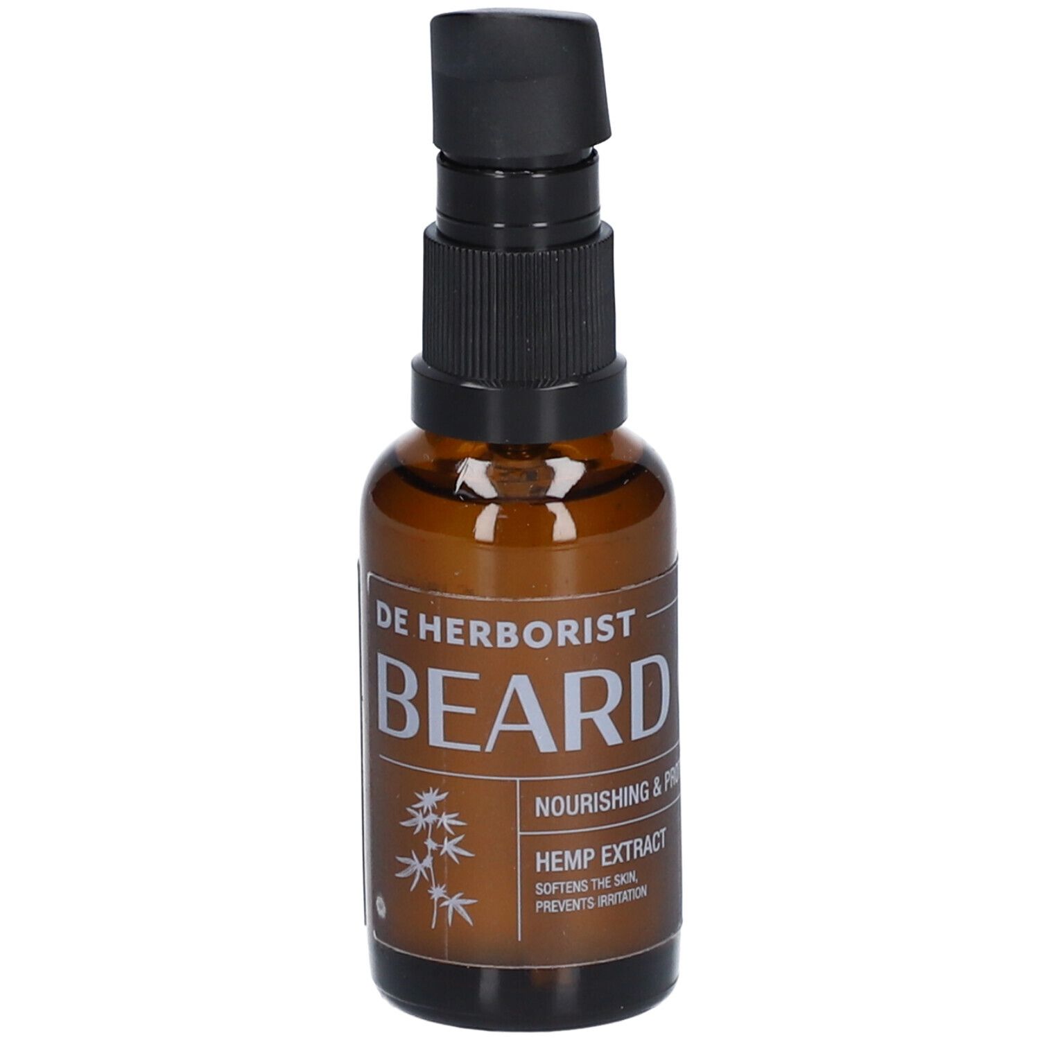 Flacon en verre brun avec pompe noire. Inscription: BEARD OIL, Hemp Extract. Avec motif bambou.