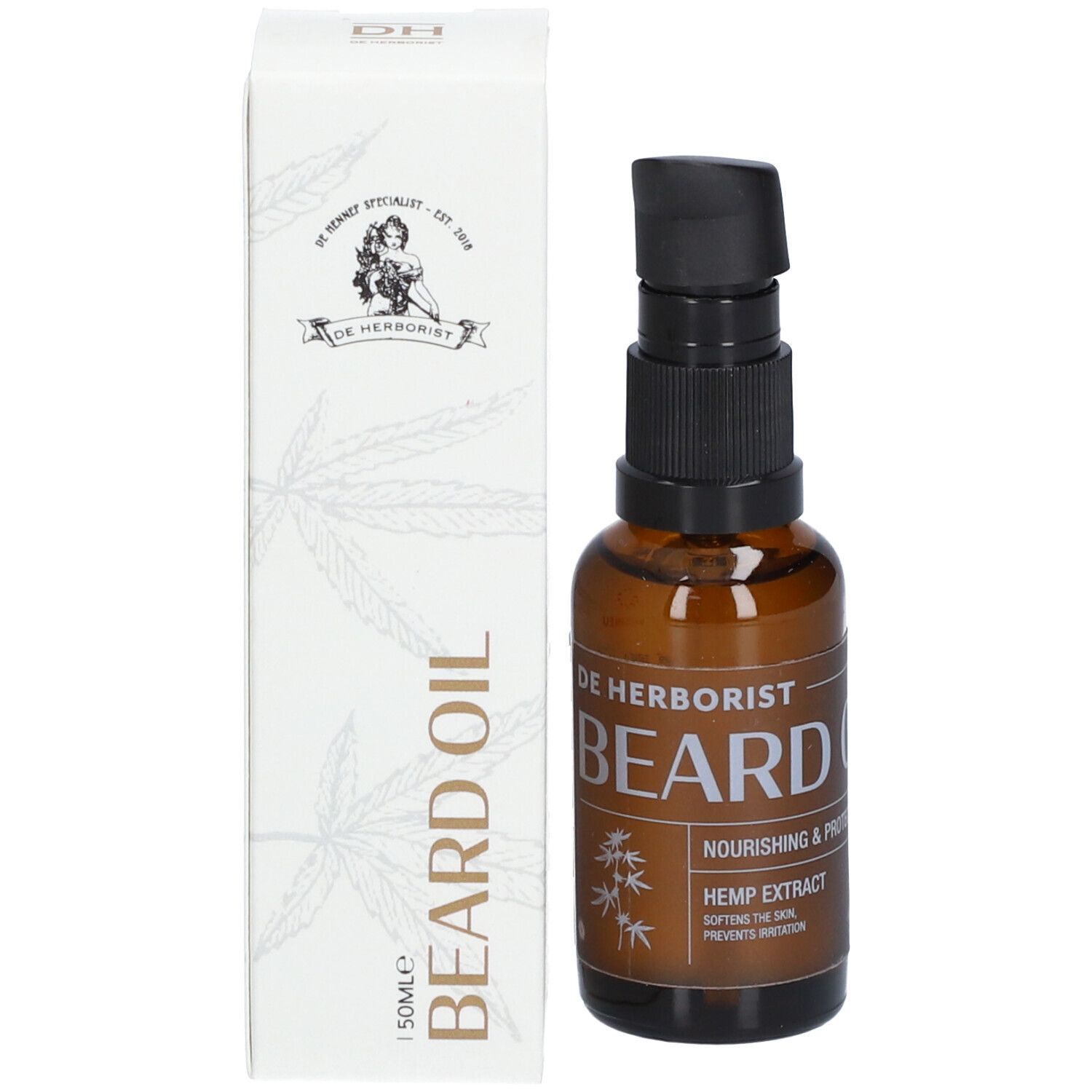 Flacon en verre brun avec pompe noire et boîte blanche. Inscription: BEARD OIL, 50ml. Avec logo.