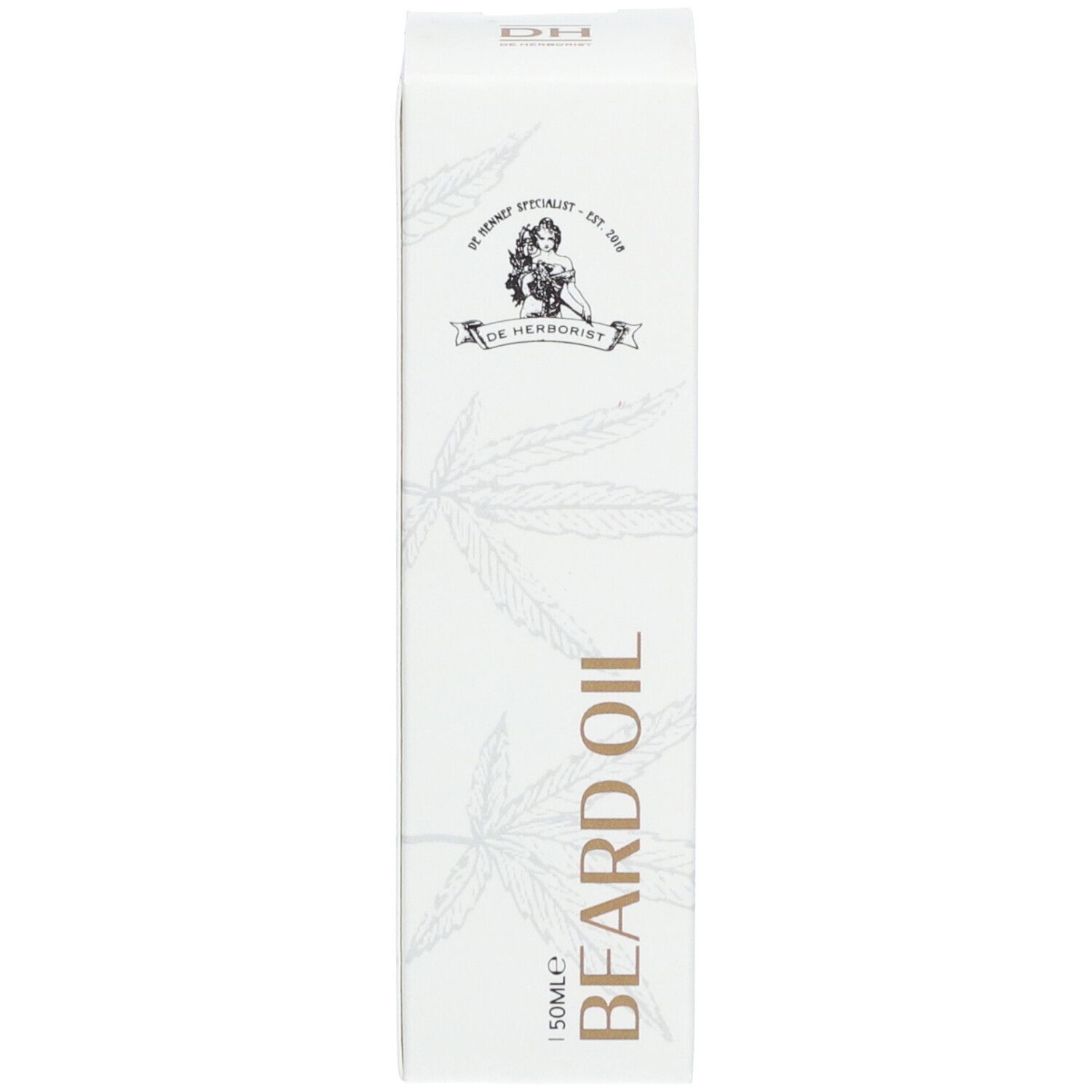 Boîte blanche avec inscription: BEARD OIL, 50ml. Avec logo et motif feuille de chanvre.