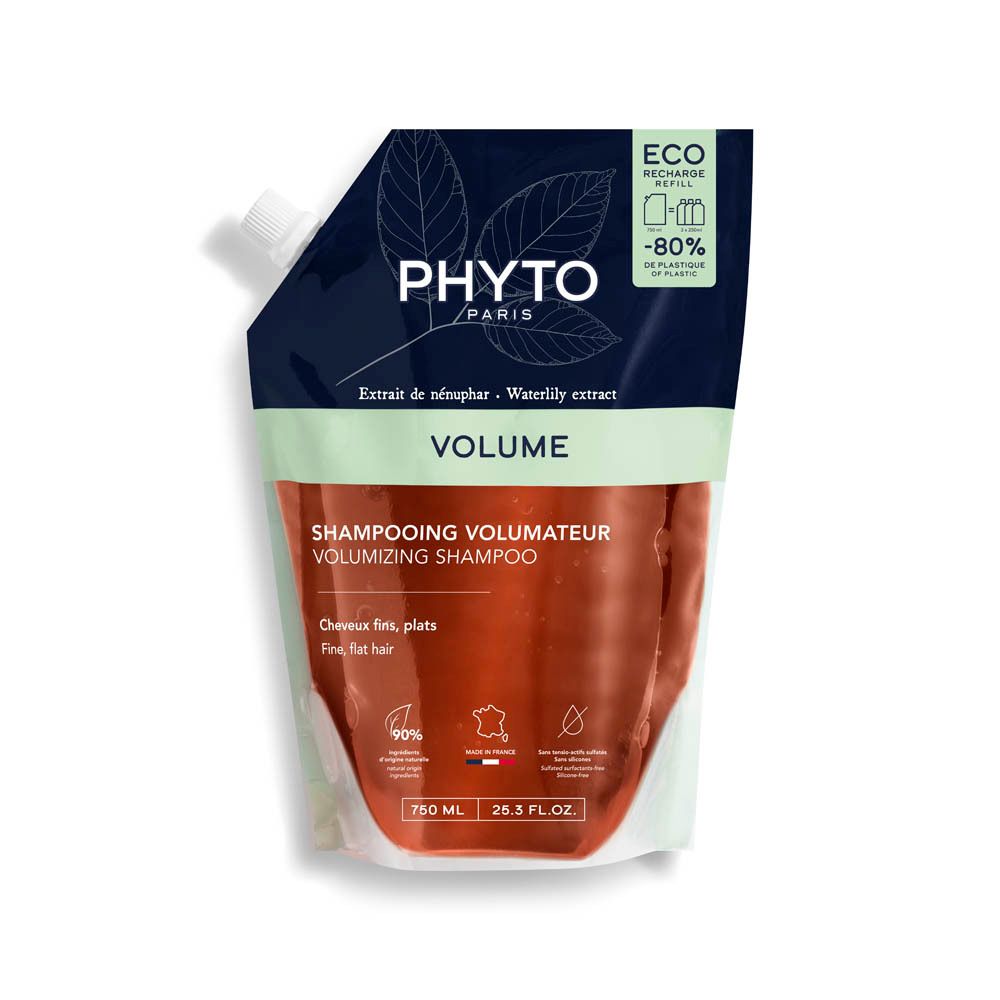 Recharge de shampooing. Emballage noir avec bouchon blanc. Texte: PHYTO PARIS, VOLUME, Shampooing Volumateur. 750 ml.