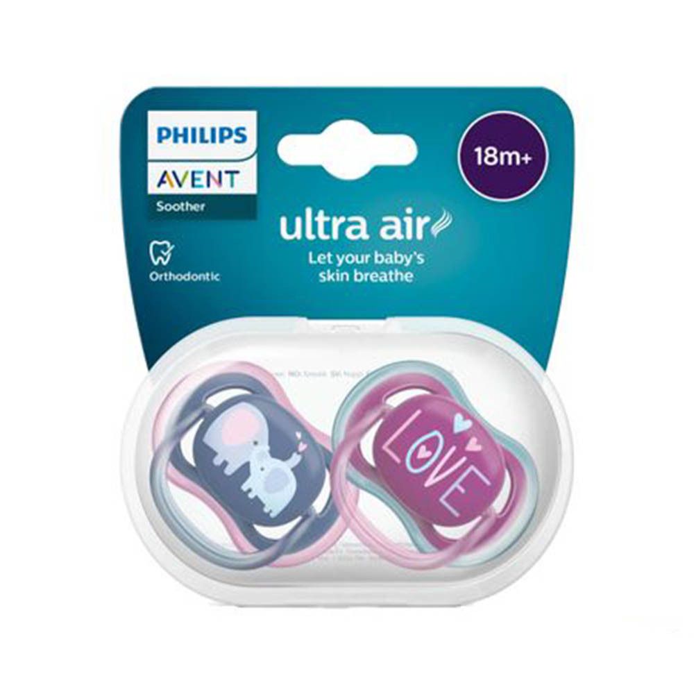 Deux sucettes dans un étui transparent. L'une avec un éléphant, l'autre avec "LOVE". Emballage "Philips Avent" et "Ultra Air". Âge: 18 mois et plus.