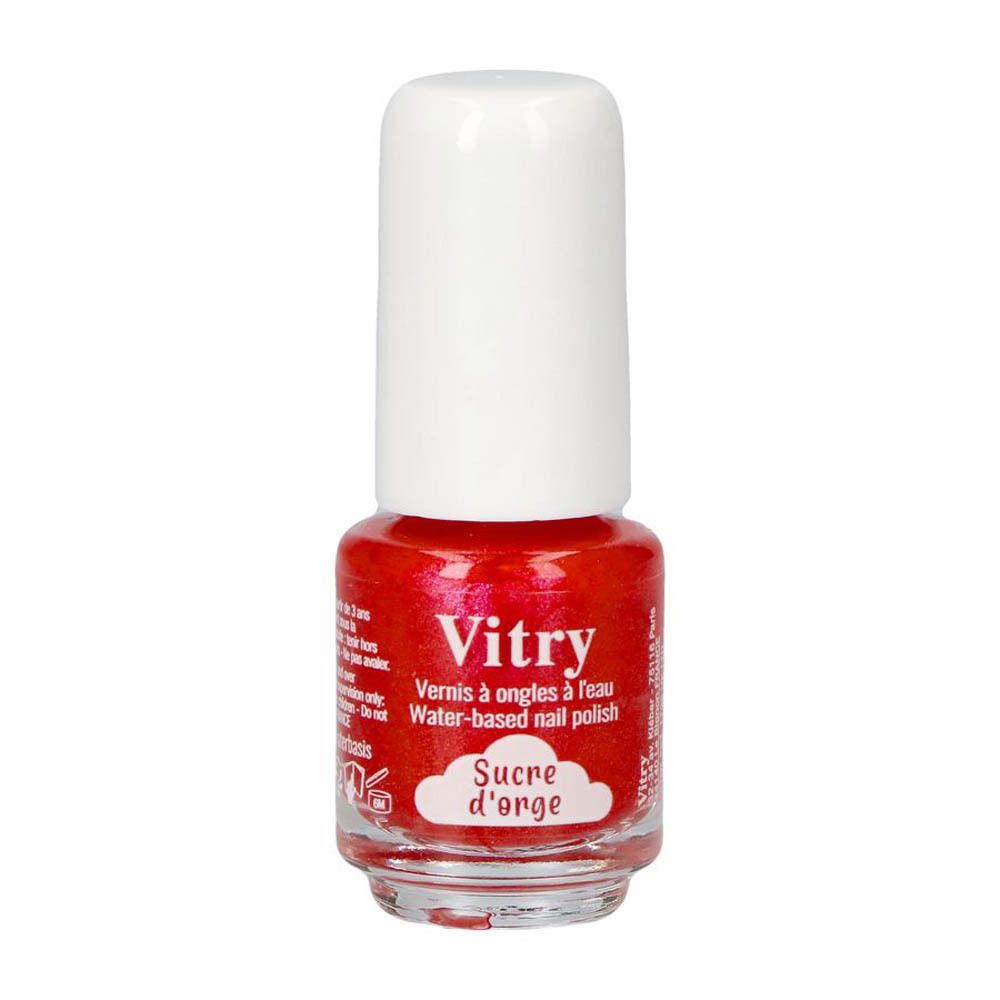 Vitry vernis à ongles à base d'eau, couleur Sucre d'orge. Vernis rouge dans un flacon transparent avec bouchon blanc.