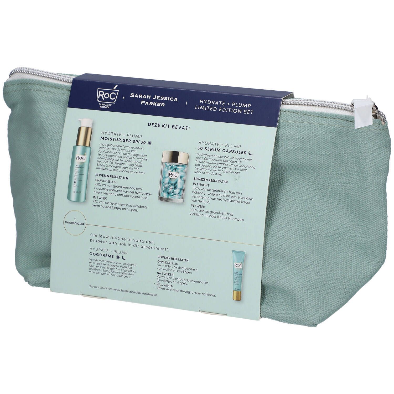 Dos de la trousse RoC x SJP x Hydrate + Plump Limited Edition Kit. Contient capsules de sérum et hydratant.