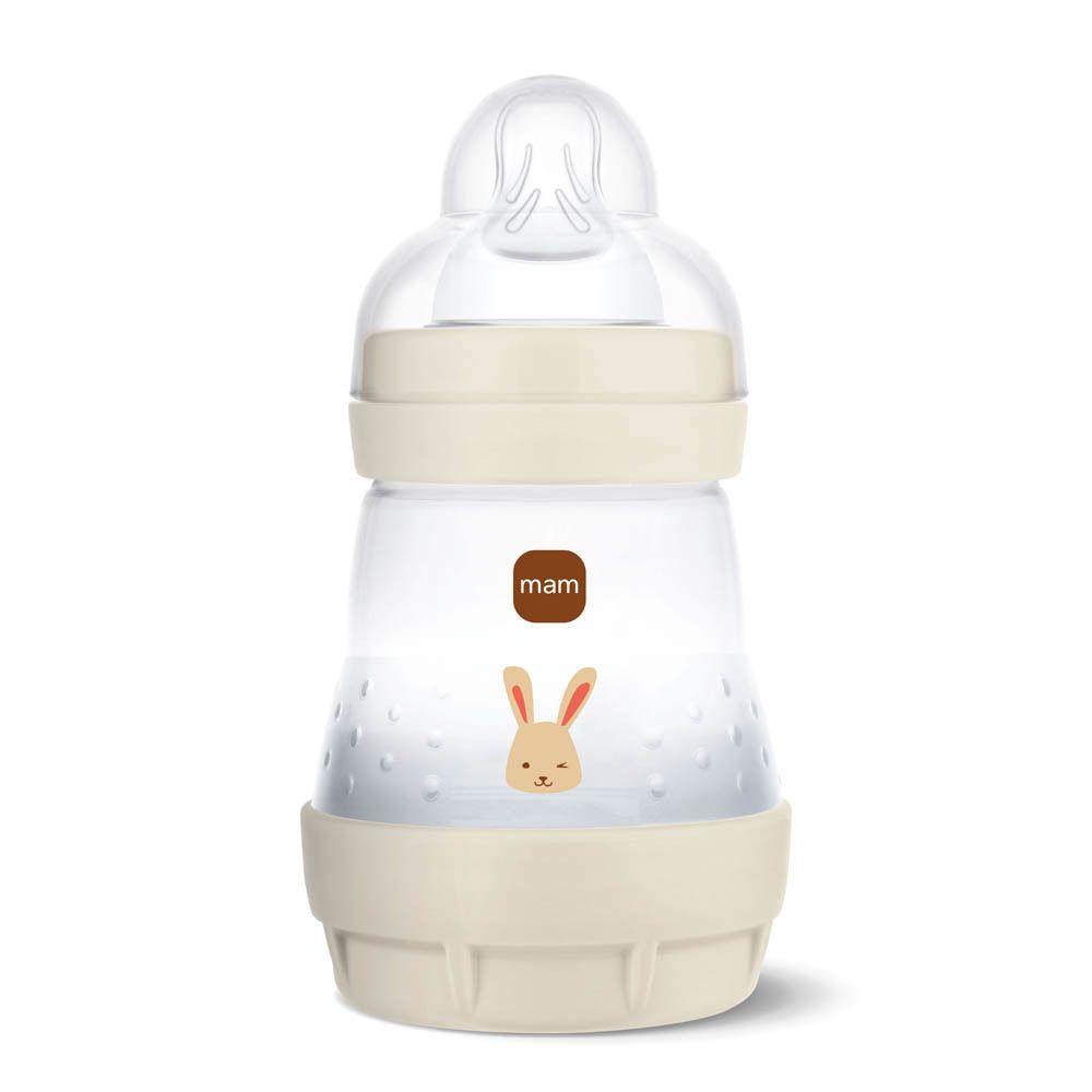Biberon anti-colique MAM Easy Start beige avec motif animal, vue de face.