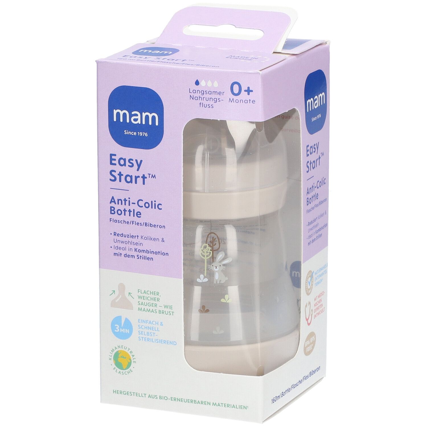 Biberon MAM Easy Start Anti-colique dans son emballage. Biberon beige et transparent. Informations produit sur l'emballage.