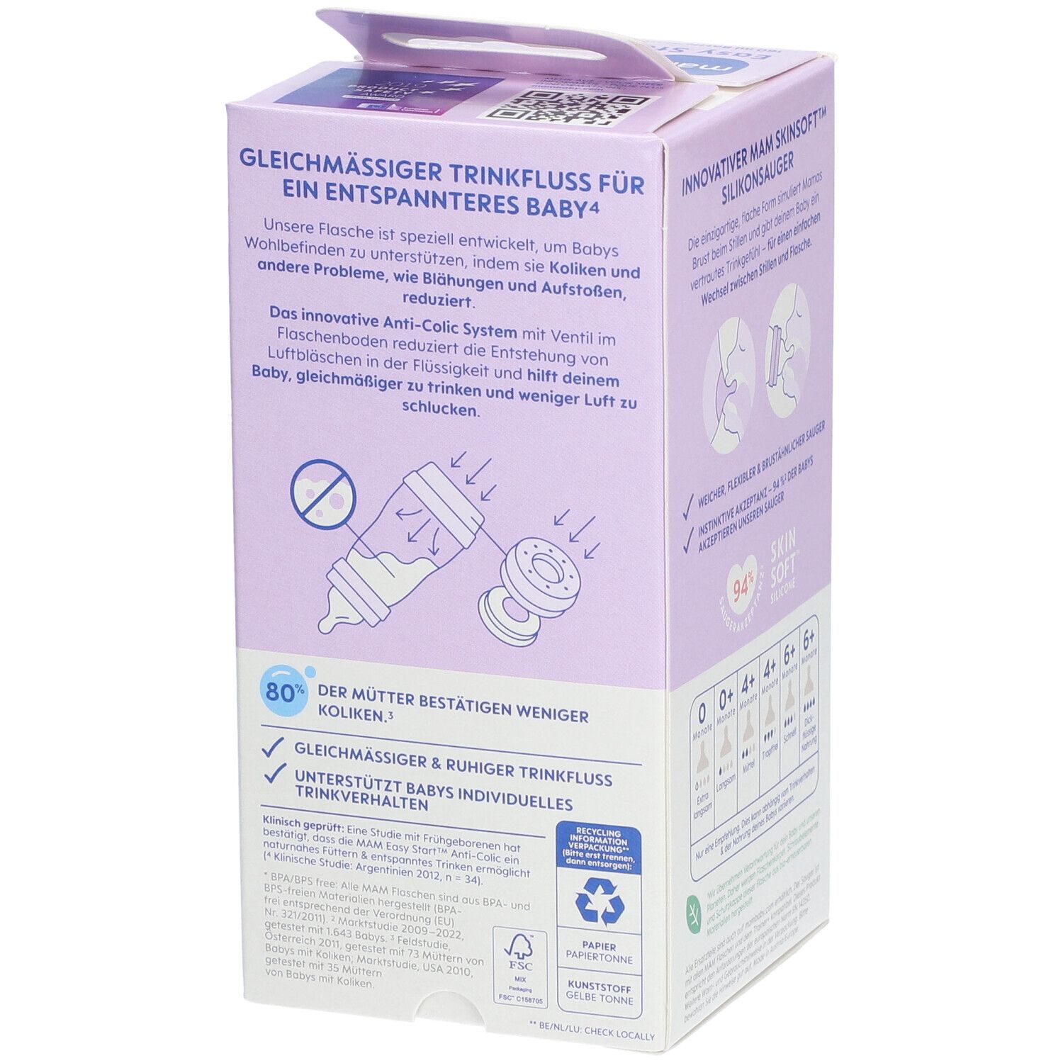 Dos de l'emballage du biberon MAM Easy Start Anti-colique. Informations sur le système anti-colique et le débit. Symboles de recyclage.