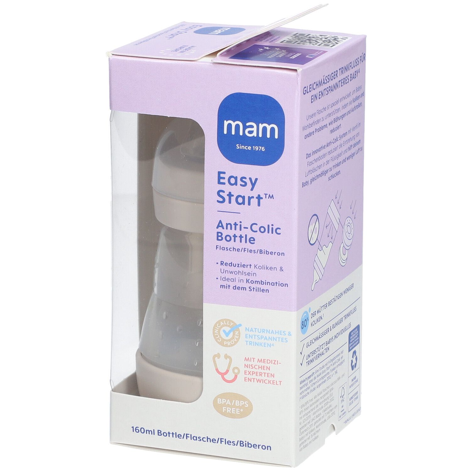 Biberon MAM Easy Start Anti-colique dans son emballage. Biberon beige et transparent. Emballage avec informations et fenêtre.