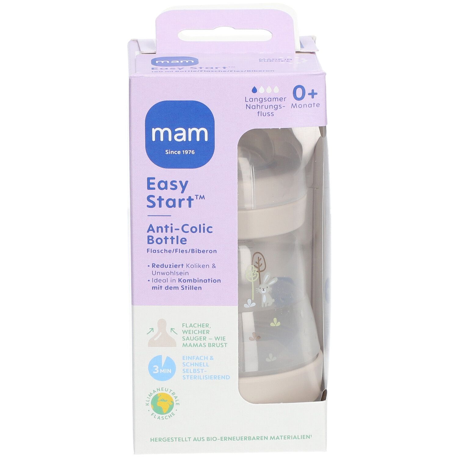 Biberon MAM Easy Start Anti-colique dans son emballage. Biberon beige et transparent. Emballage avec informations et fenêtre.