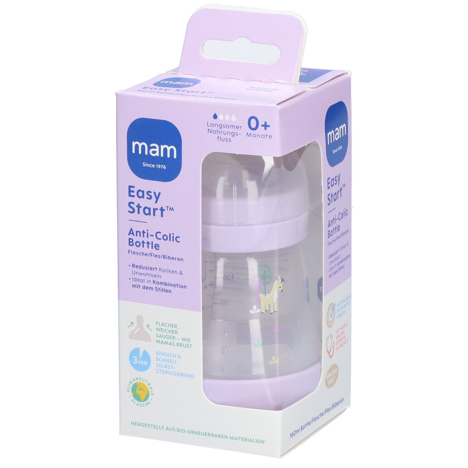 Biberon MAM Easy Start Anti-Colic, emballage violet. Flacon visible, tétine et informations produit sur l'emballage.