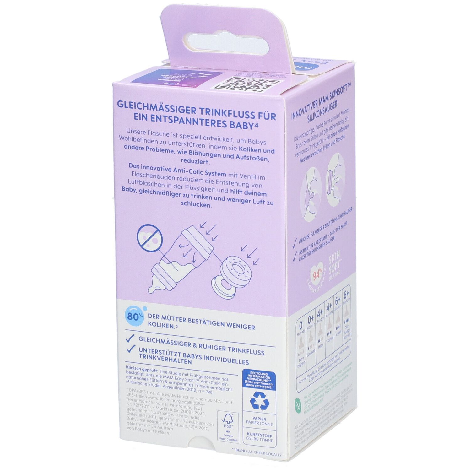 Dos de l'emballage biberon MAM Easy Start Anti-Colic. Texte: Flux de boisson régulier pour bébé détendu.