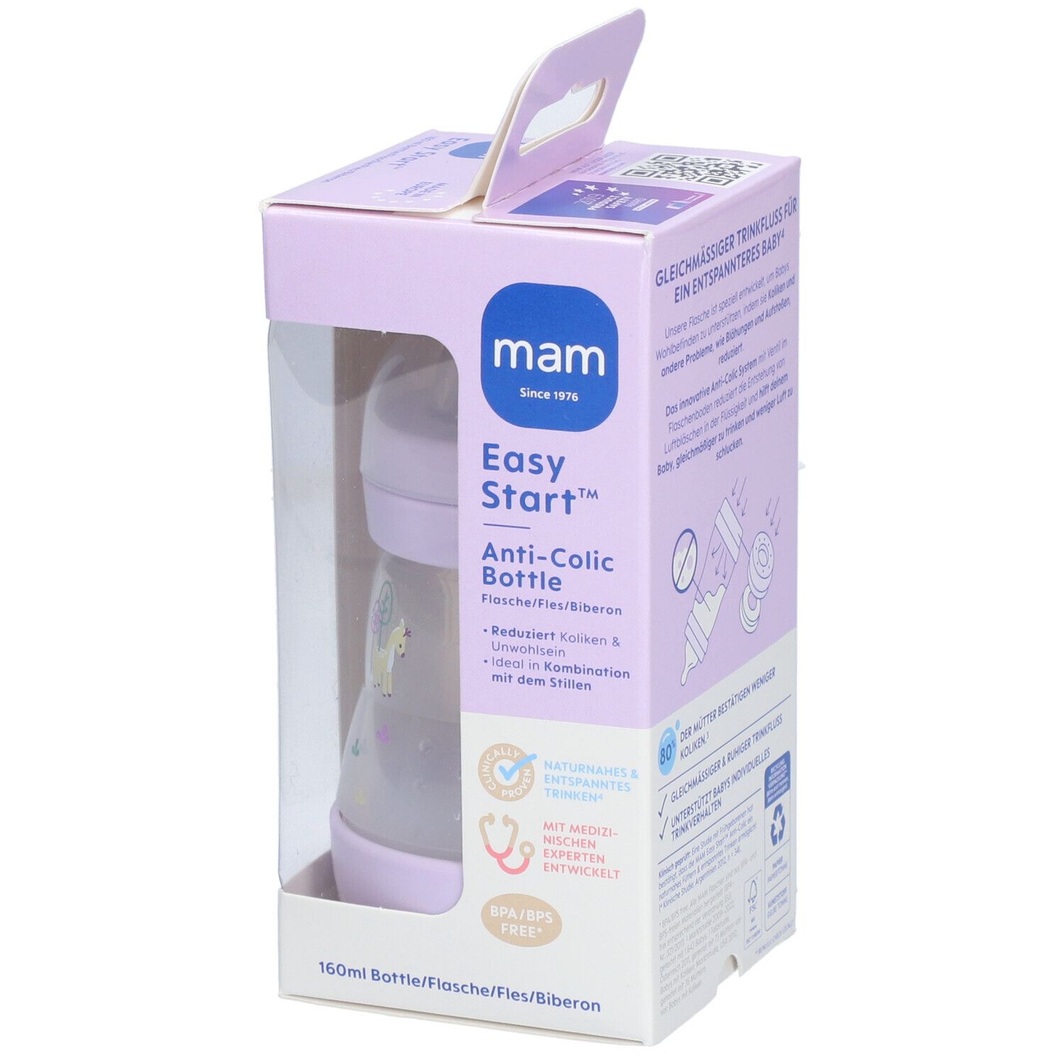 Biberon MAM Easy Start Anti-Colic dans emballage. Biberon violet, graduation transparente, tétine. Informations produit.