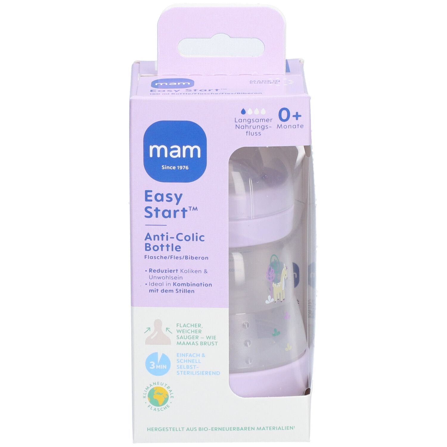 Biberon MAM Easy Start Anti-Colic dans emballage. Biberon violet, tétine, emballage avec infos et indications d'âge.