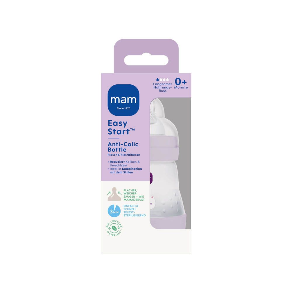 Biberon MAM Easy Start Anti-Colic, lilas, 160 ml, vue de face.