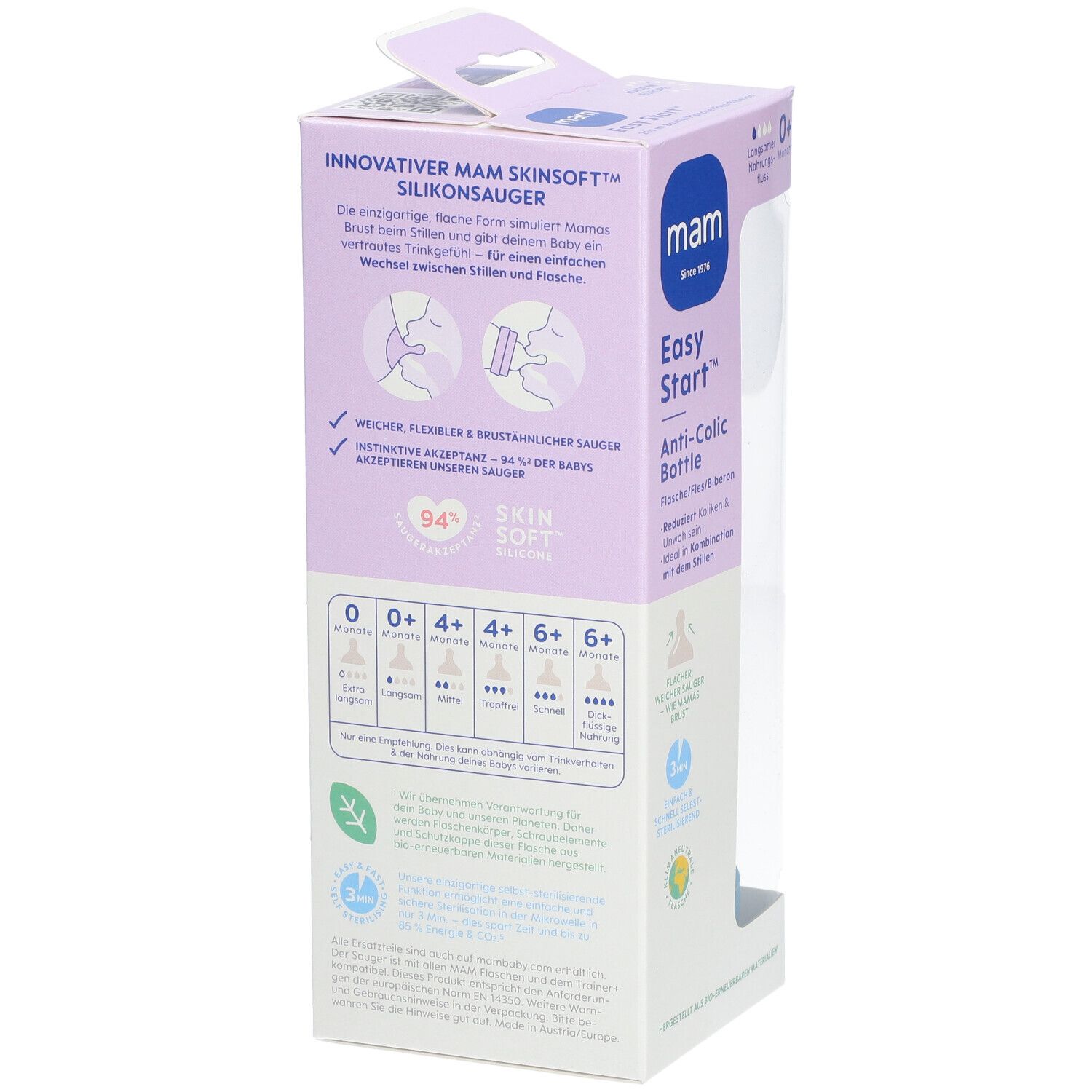 Emballage avec informations sur le produit. Détails sur la tétine. Texte : '94% Skin Soft'. Indications d'âge pour les tétines. Marque : MAM.