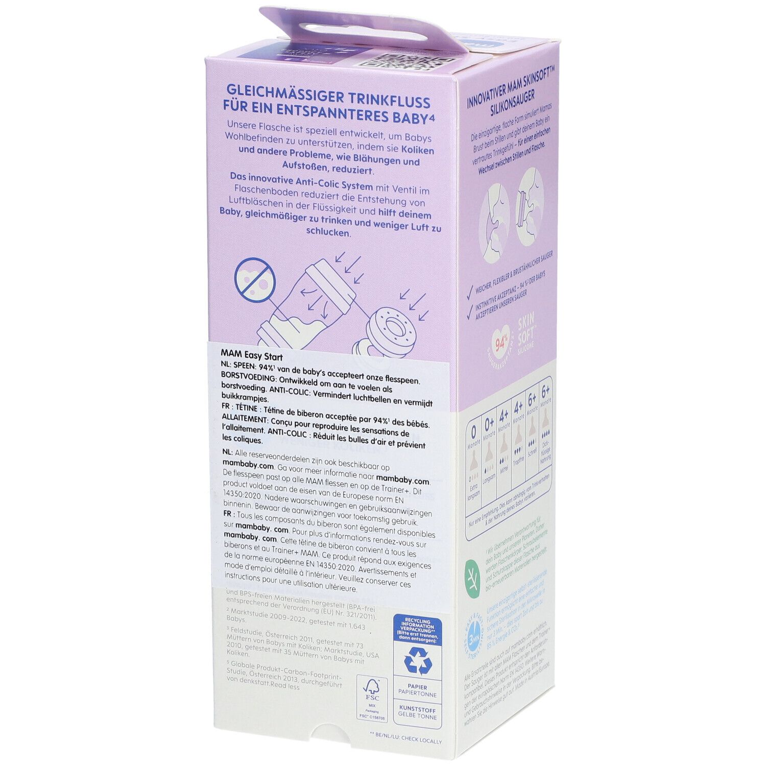 Emballage avec informations sur le produit. Texte : 'Flux de boisson régulier'. Graphiques et texte sur la fonction anti-colique. Marque : MAM.