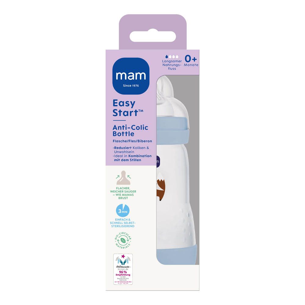 Biberon MAM Easy Start Anti-Colic, 130ml, avec tétine plate et valve d'aération.