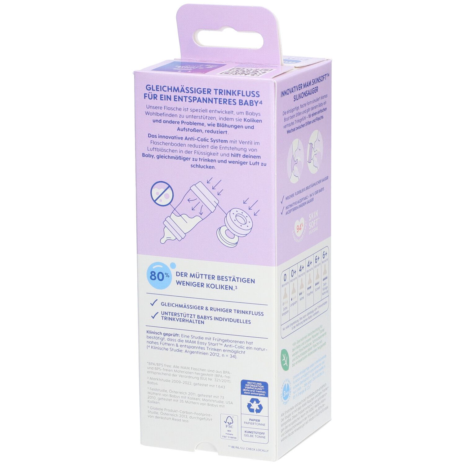 Emballage avec informations sur le produit. Décrit le système anti-colique. Logo et nom du produit visibles.