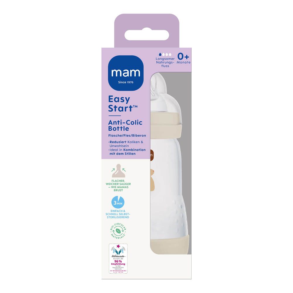 Biberon anti-colique MAM Easy Start™, 130ml, blanc avec motif ours. Le biberon et la tétine sont représentés sur la boîte.