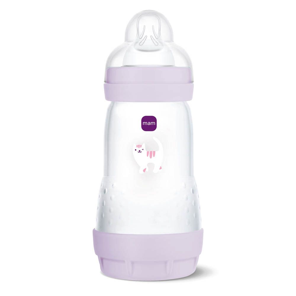 Biberon MAM Easy Start Anti-Colic, 260ml, violet, motif chat, dans son emballage.