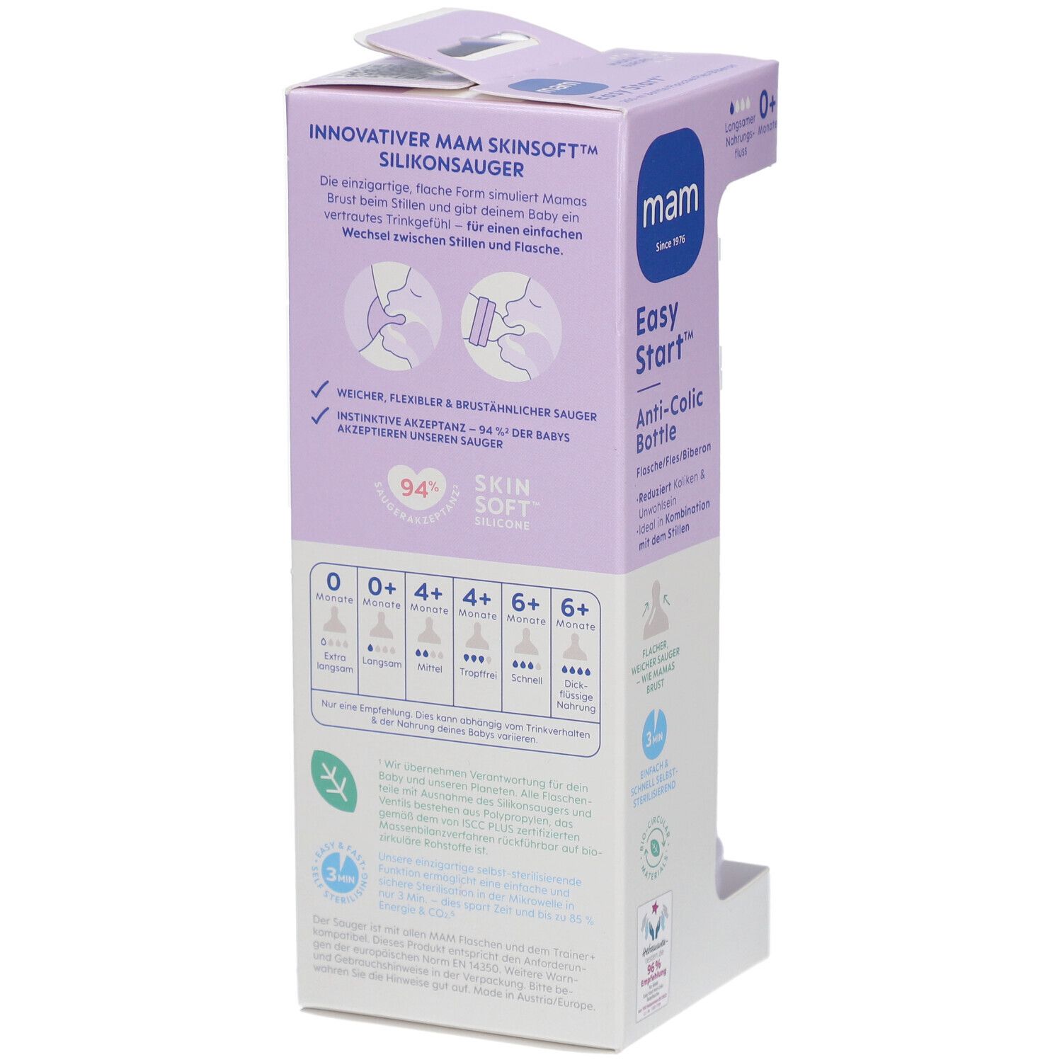 Emballage du biberon MAM Easy Start Anti-Colic. Informations sur la tétine.
