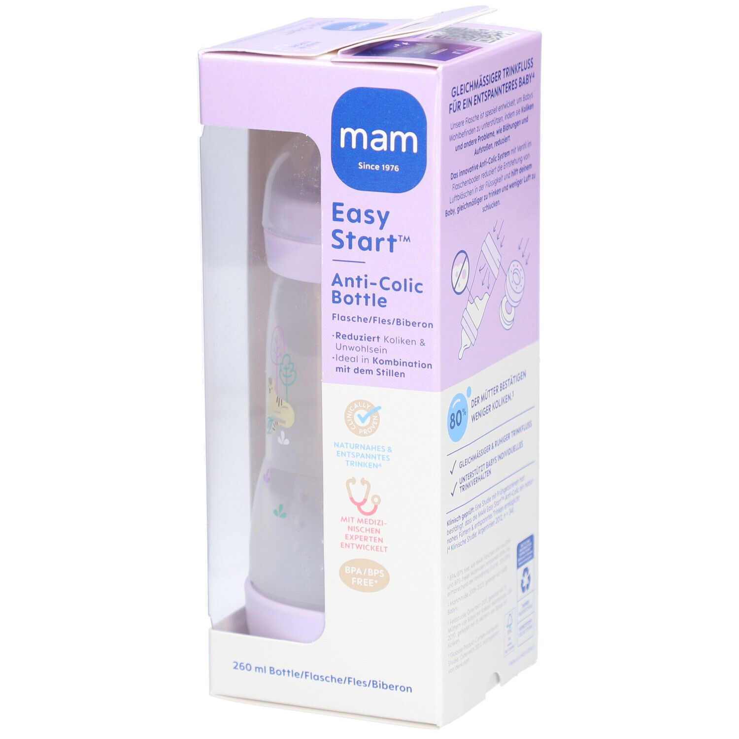 Biberon MAM Easy Start Anti-Colic, lila, dans son emballage. Vue de face.