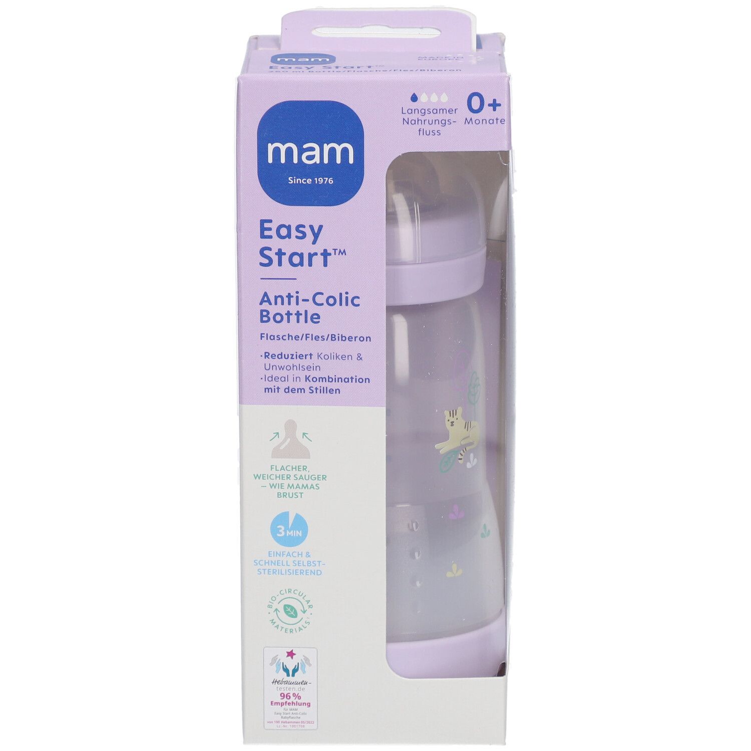 Biberon MAM Easy Start Anti-Colic, lila, dans son emballage. Vue de face.