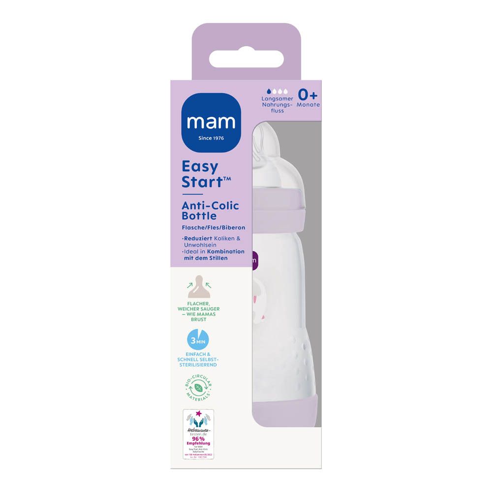 Biberon MAM Easy Start Anti-Colic, 260ml, violet, motif chat, dans son emballage.