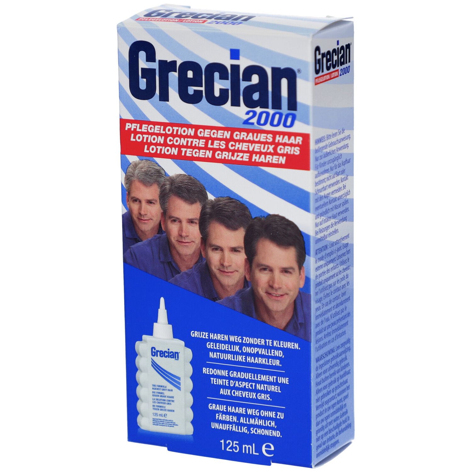 Boîte Grecian 2000. Emballage blanc et bleu avec images et texte. Flacon de lotion illustré. 125 ml.