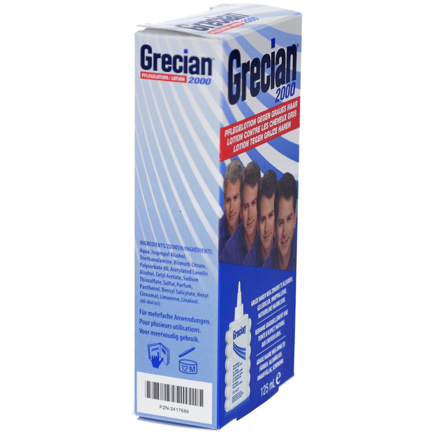 Boîte Grecian 2000. Boîte blanche avec nom du produit et ingrédients. Flacon de lotion illustré. 125 ml.