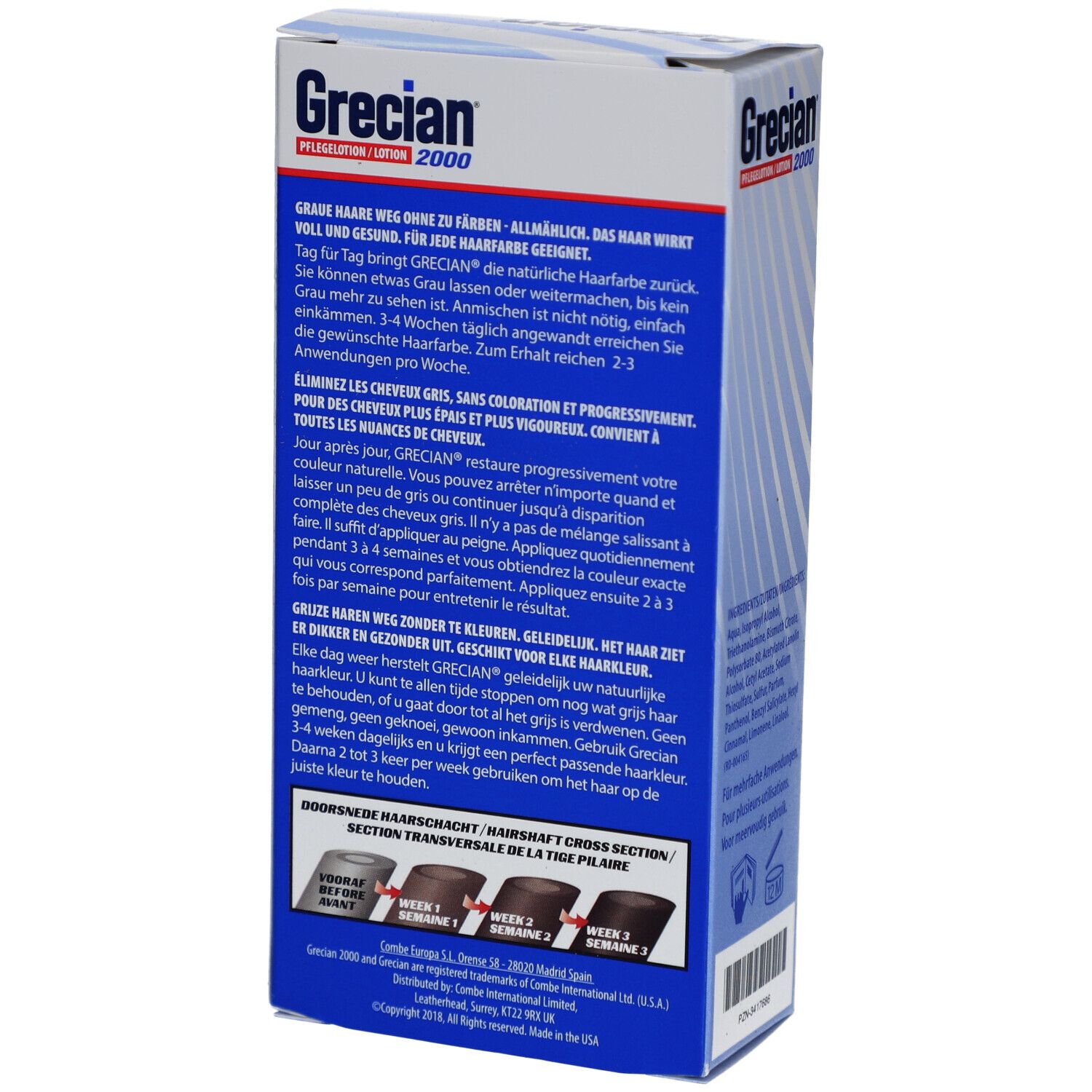 Dos de la boîte Grecian 2000. Texte en plusieurs langues. Graphiques d'application. 125 ml.