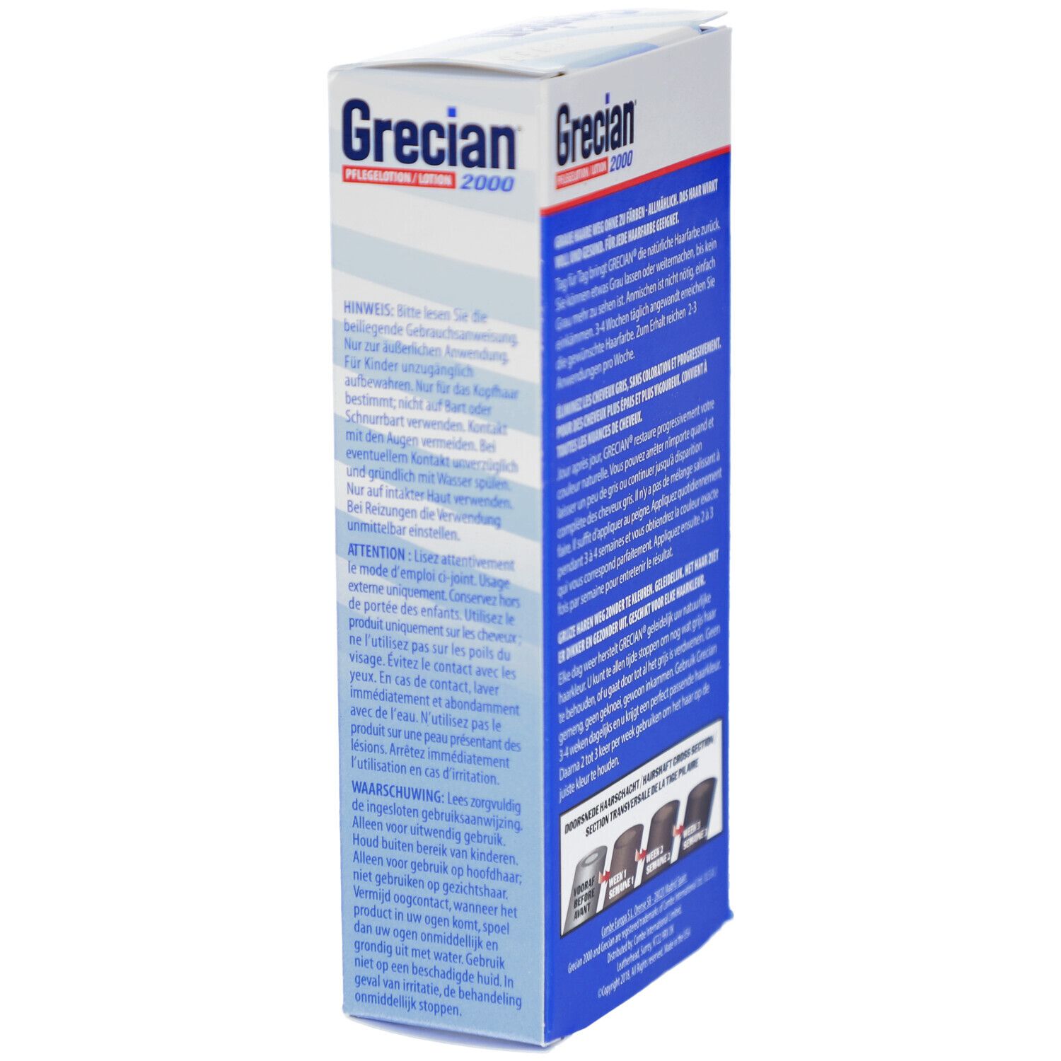 Côté de la boîte Grecian 2000. Texte en plusieurs langues. Avertissements. 125 ml.