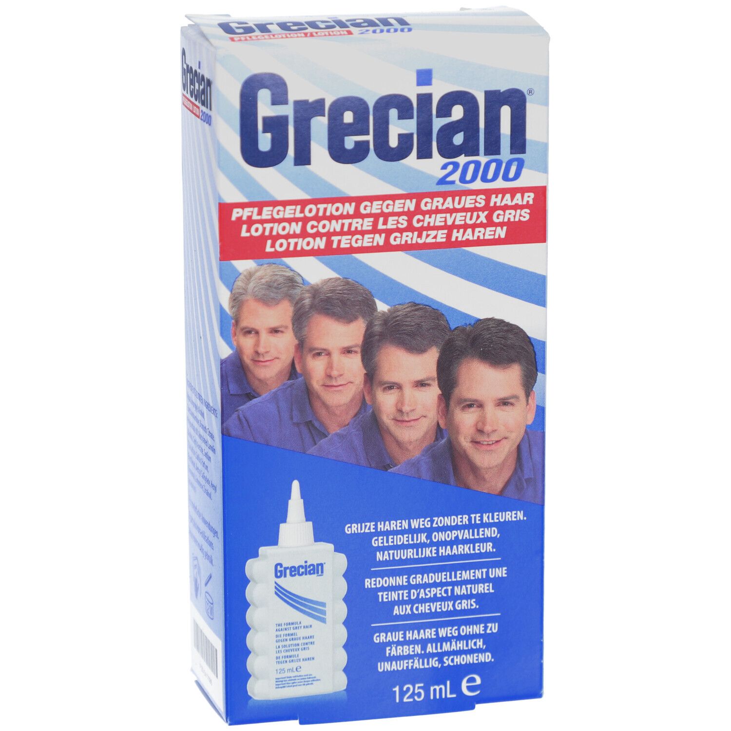 Boîte Grecian 2000. Emballage blanc et bleu avec images et texte. Flacon de lotion illustré. 125 ml.