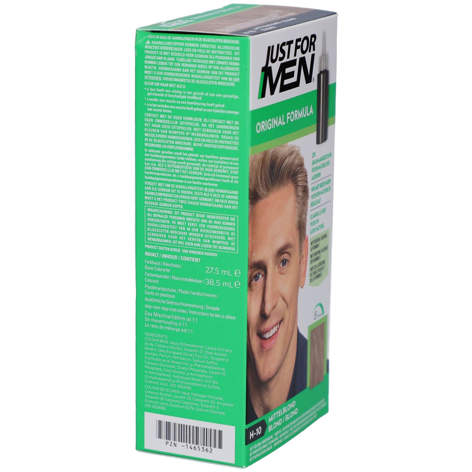 Vue latérale de la boîte de coloration. Just For Men. Texte et informations sur fond vert. Code-barres en bas.