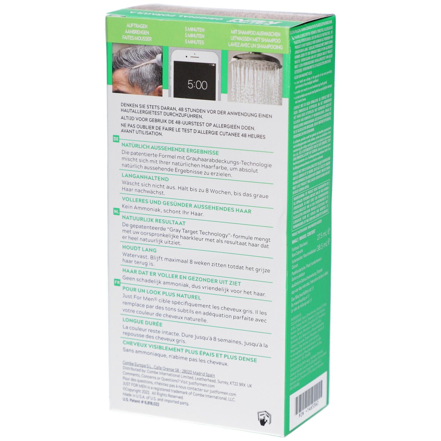 Dos de la boîte de coloration. Informations et instructions. Texte multilingue. Fond vert.