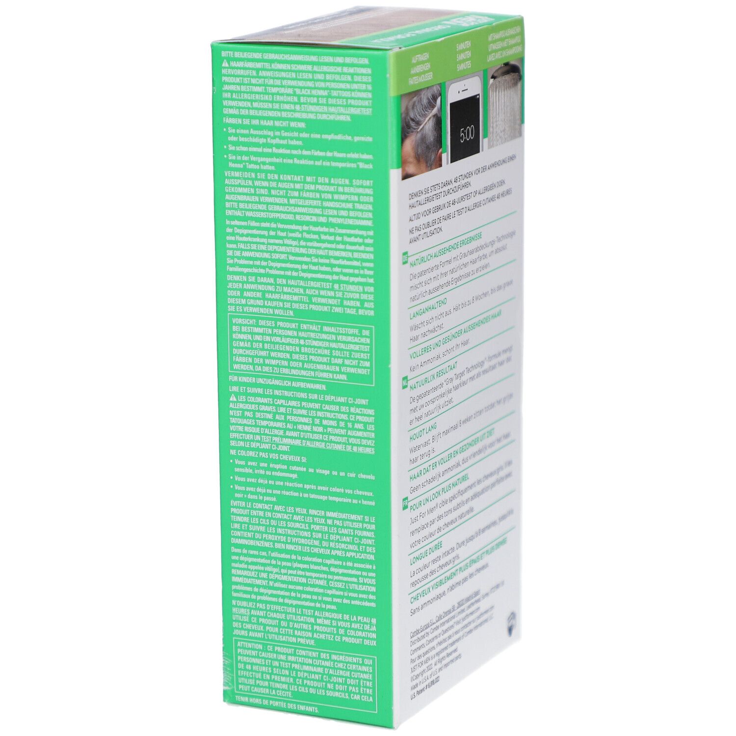 Vue latérale de la boîte de coloration. Texte et informations sur fond vert. Petite image.