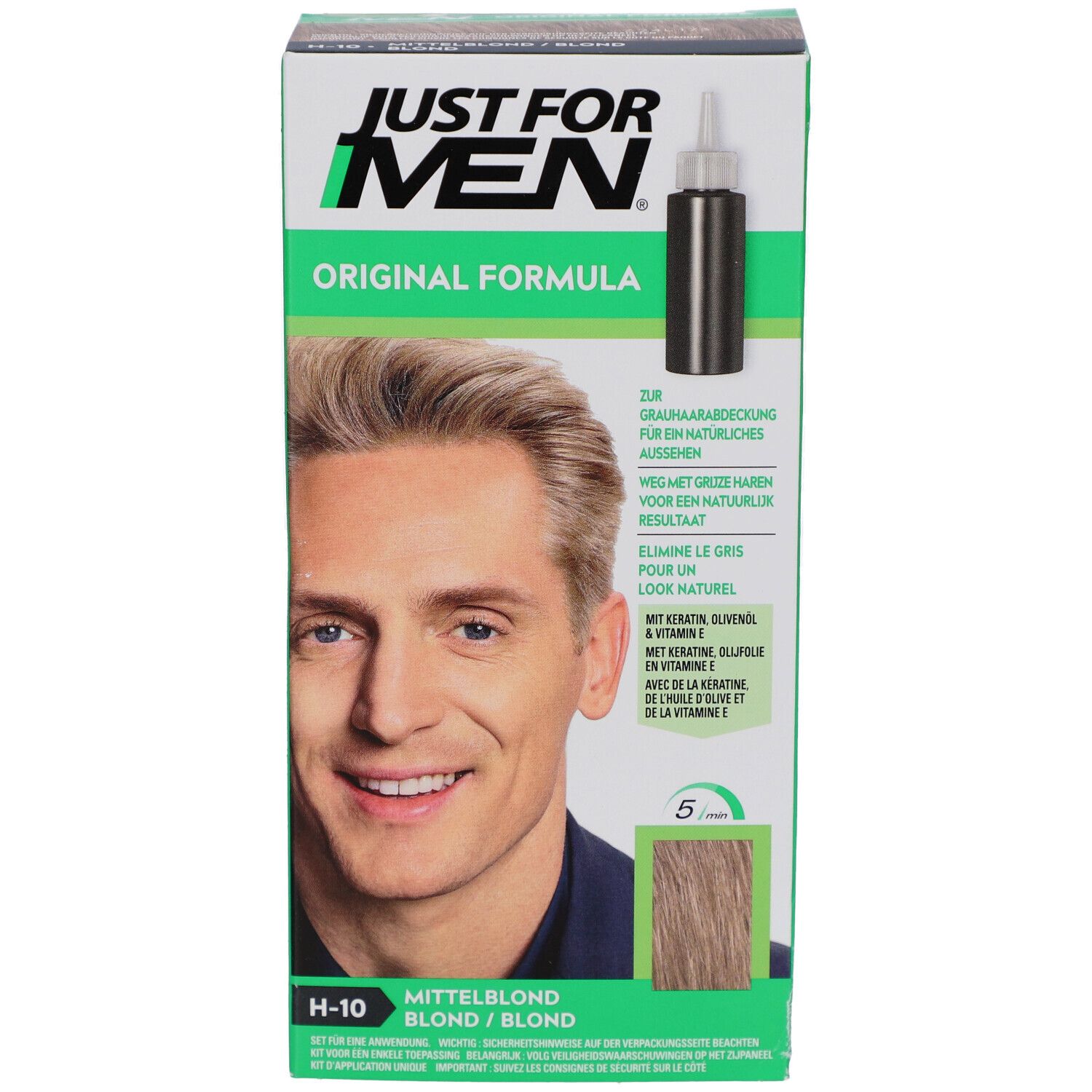 Face avant de la boîte de coloration. Just For Men Blond H-10. Homme blond sur l'emballage.