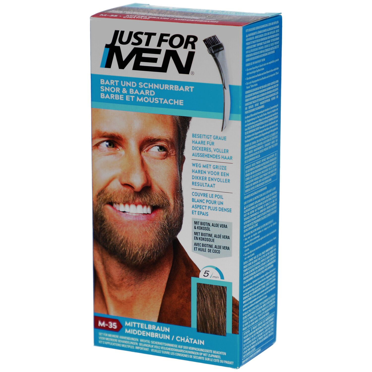 Boîte Just For Men pour barbe et moustache. Homme avec barbe. Teinte M-35, châtain moyen.