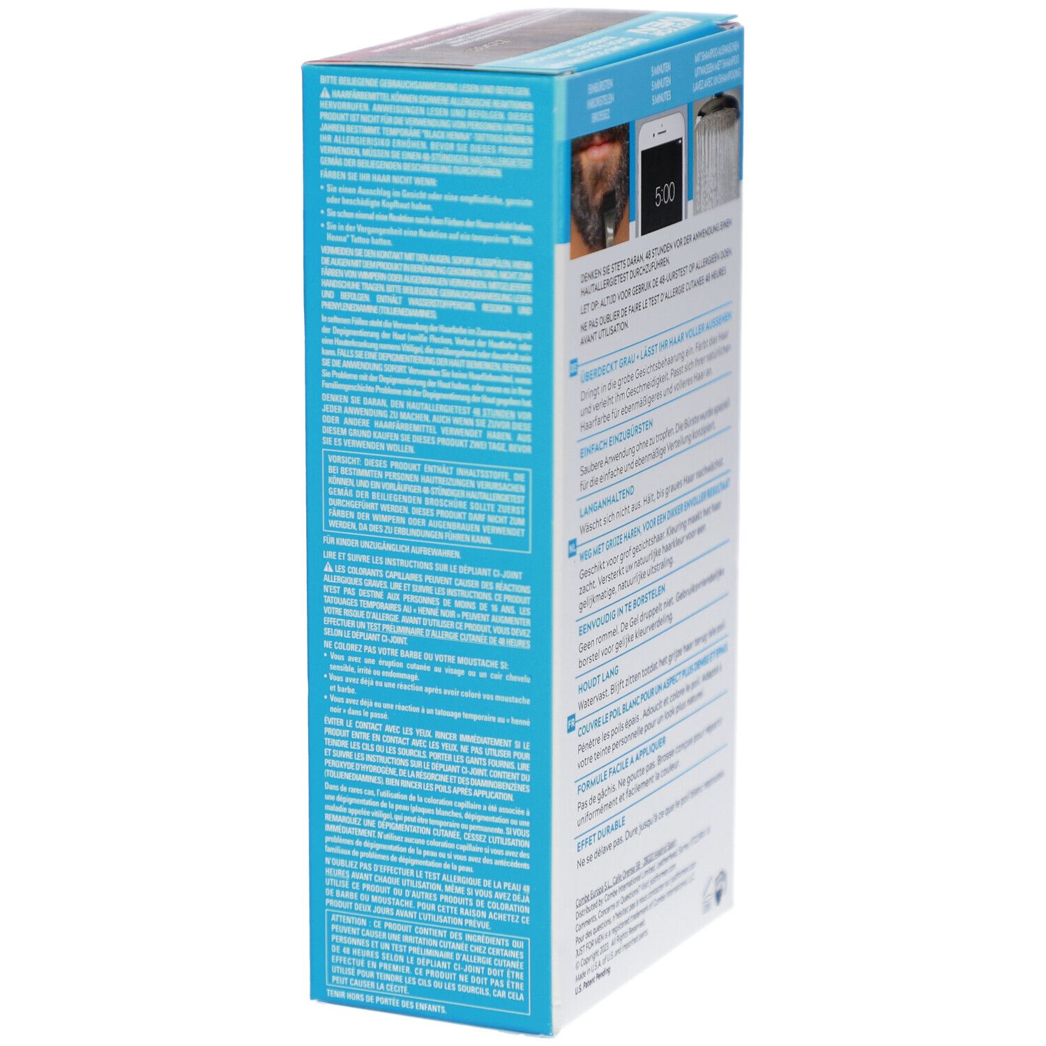 Dos de la boîte Just For Men. Texte et graphiques avec instructions d'utilisation.