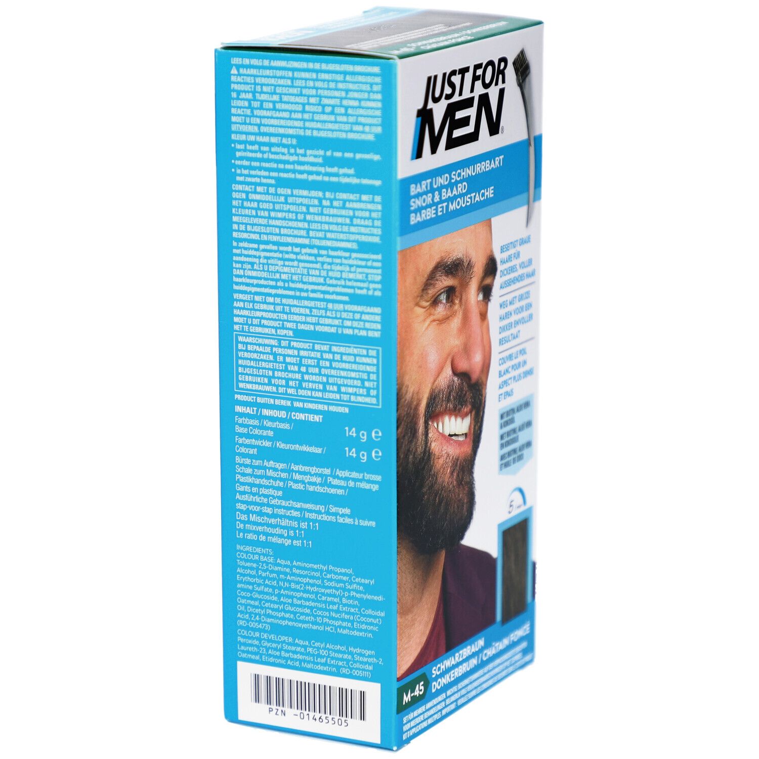 Boîte bleue avec nom du produit et texte. Contient des informations sur les ingrédients et l'utilisation. M-45.
