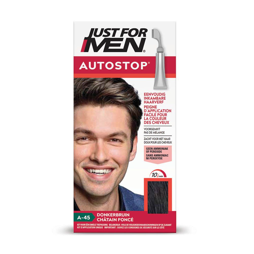 Just for Men Autostop coloration châtain foncé A-45 dans un emballage avec l'image d'un homme et des instructions d'application.